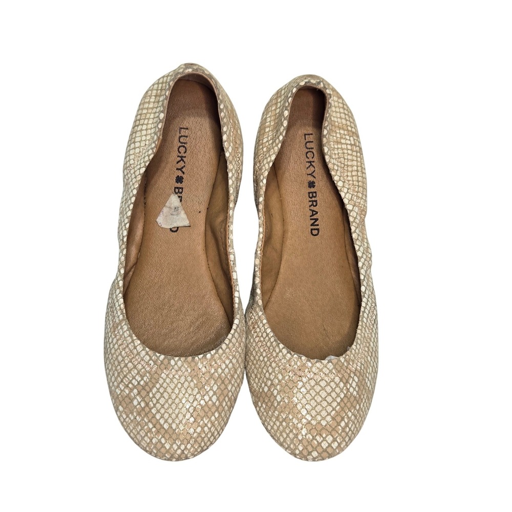 Lucky Brand Emmie Ballet Flats Cream Gold Snakeskin Print Round Toe Shoes 6